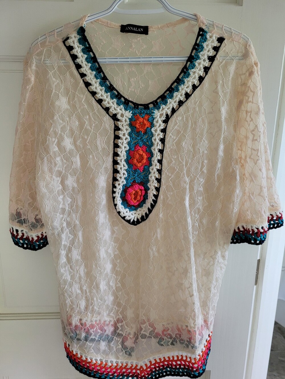 Vintage Cream Lace Peasant Top with Multicolor Crochet Trim